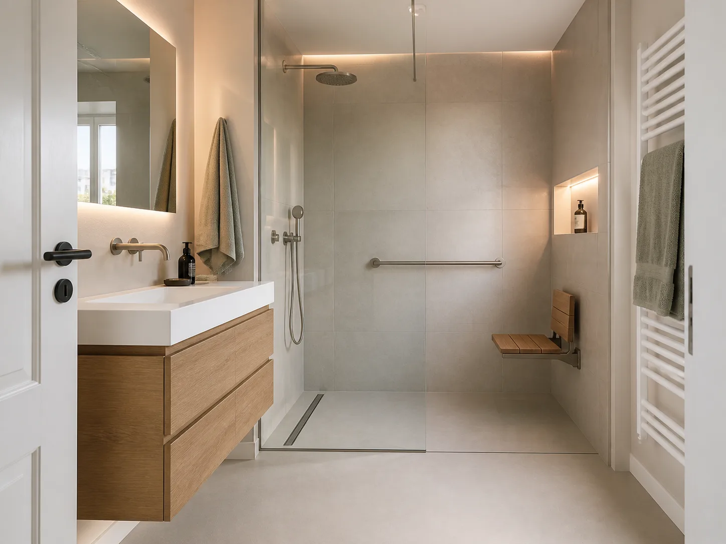 Modernes, hell gefliestes Bad mit bodengleicher Dusche, Haltegriff und Klappsitz.