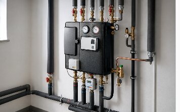 Fernwärme-Übergabestation mit Manometern und gedämmten Leitungen im Anschlussraum.