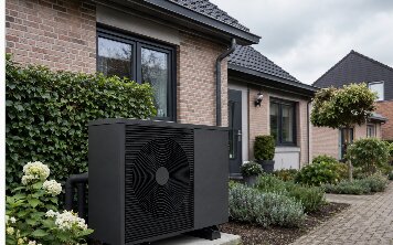 Außeneinheit einer Luft-Wasser-Wärmepumpe im Vorgarten eines Klinker-Einfamilienhauses.